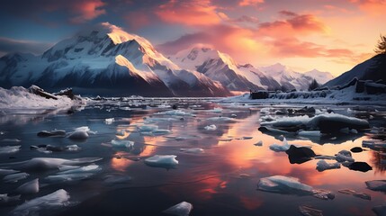 A frozen lake reflecting the snow-capped mountains and a vibrant pink and orange sunset, with ice skaters enjoying the last moments of daylight - obrazy, fototapety, plakaty