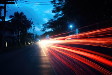 Abstract long exposure dynamic speed light in rural city road, Ai generated