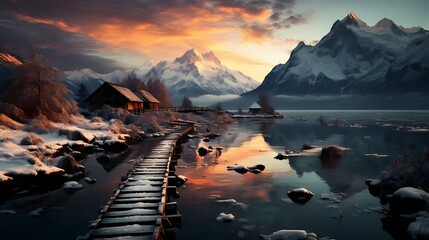 A frozen lake surrounded by snow-capped mountains, with a wooden pier extending into the icy waters...