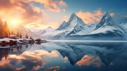 Papier Peint photo Lavable Réflexion Sunrise in winter mountains. Mountain reflected in ice lake in morning sunlight. Amazing panoramic nature landscape in mountain valley. copy space for text.