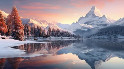 Garden poster Reflection Sunrise in winter mountains. Mountain reflected in ice lake in morning sunlight. Amazing panoramic nature landscape in mountain valley. copy space for text.