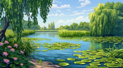 dreamlike digital painting showcasing a serene lake reflecting the vibrant colors of a sunset