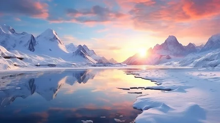 Wall murals Reflection Sunrise in winter mountains. Mountain reflected in ice lake in morning sunlight. Amazing panoramic nature landscape in mountain valley. copy space for text.