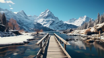 A frozen lake with a wooden pier stretching out into the icy water, surrounded by snow-covered...