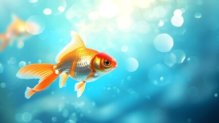 Fototapeta premium Bright orange goldfish swimming in vivid blue water, bubbles around. fresh, vibrant image perfect for decor and design. AI