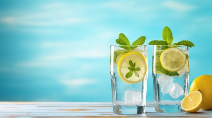 Two glass with lemonade or mojito cocktail with lemon and mint, cold refreshing drink or beverage with ice on rustic blue background. copy space for text.