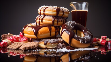 Unhealthy products. food bad for figure, skin, heart and teeth. Image about set of food. copy space for text.