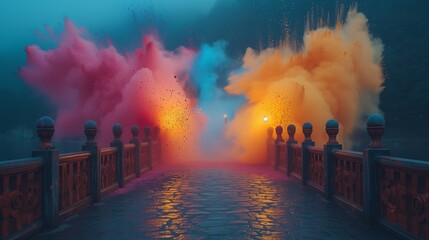 Vibrant Smoke Billowing From a Colorful Bridge