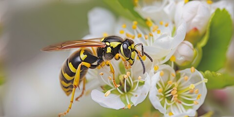 Close-up of a wasp pollinating white spring blossoms. nature photography with insects. perfect for educational and gardening content. AI