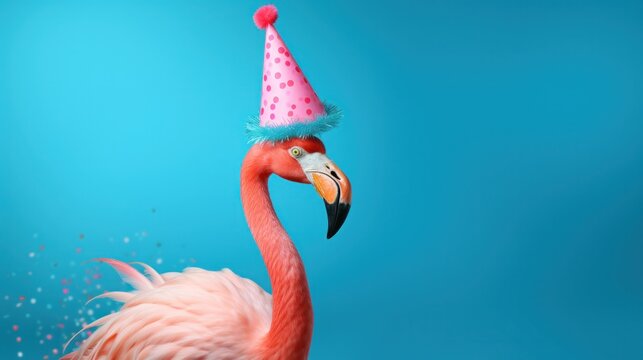 Funny flamingo with birthday party hat on blue background. - Powered by Adobe
