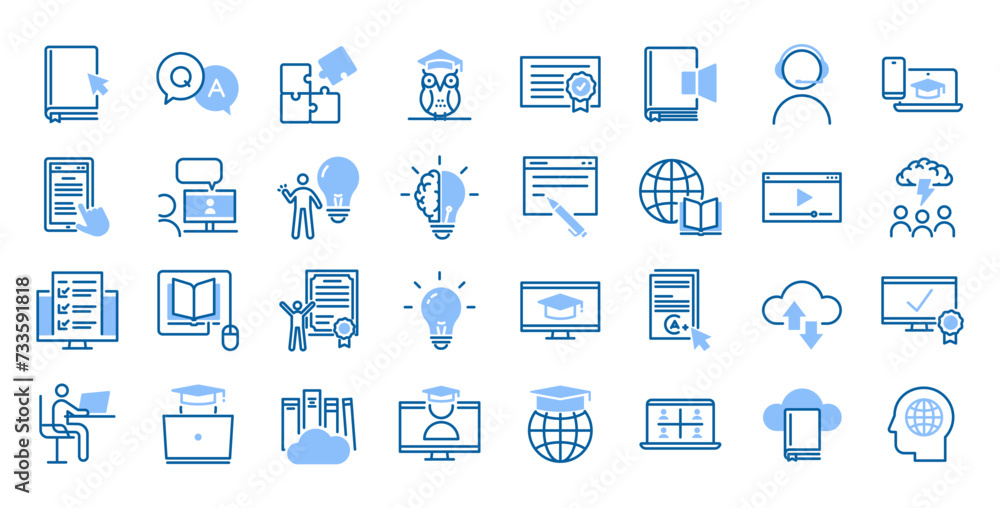 Poster online education icon set: 32 editable stroke vector icons for e-learning, digital classrooms, and r