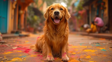 Golden Retriever Sitting in the Middle of a Street - obrazy, fototapety, plakaty