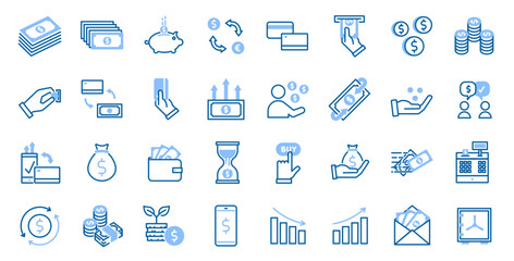 Money and finance icon set: 32 editable stroke vector icons for economic activities, banking, and investments. Perfect for visualizing transactions, savings, and financial planning