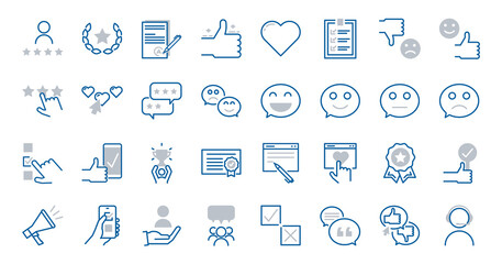 Feedback and review icon set: 32 editable stroke vector icons for customer satisfaction and service evaluation. Essential for online surveys, testimonials, and user experience analysis