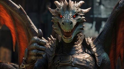 Fototapeta premium Portrait of friendly dragon making thumbs up.