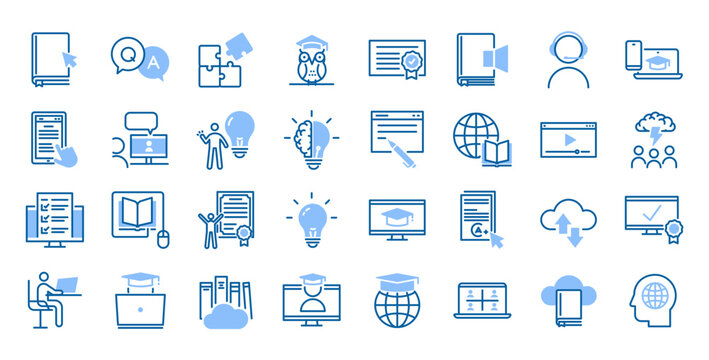 Online education icon set: 32 editable stroke vector icons for e-learning, digital classrooms, and remote study. Ideal for platforms, tutorials, and interactive learning experiences.