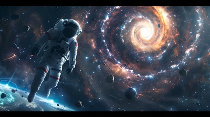 Astronaut adrift in cosmic vista peers into a swirling galaxy. surreal space exploration scene. ideal for backgrounds and posters. AI