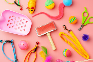 Pet toys on pink background studio shot