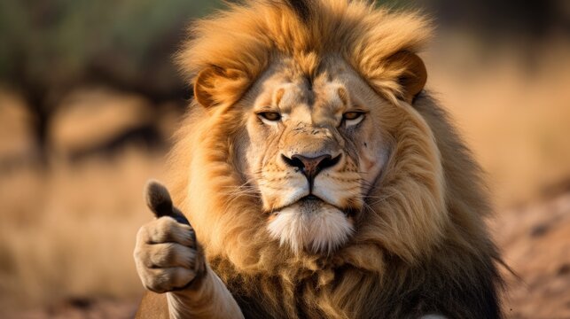Portrait of friendly lion making thumbs up.