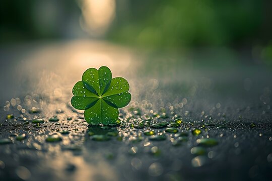 Lone green four-leaf clover on a wet pavement. symbol of luck and nature's beauty in focus. calmness and serenity depicted. ideal for st. patrick's day. AI
