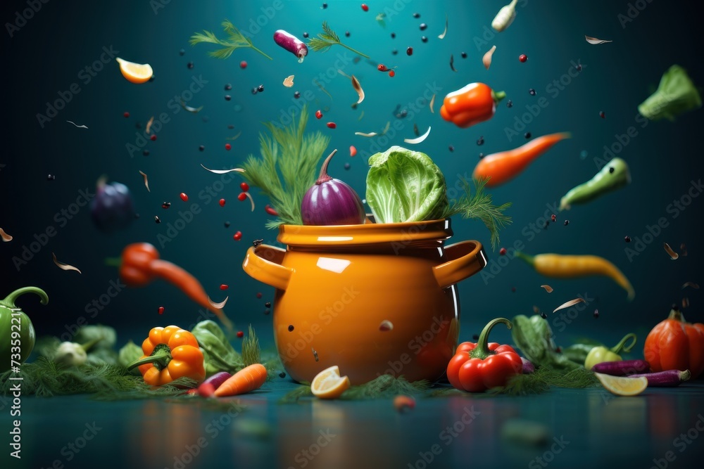 Wall mural Vegetables falling into cooking pot on table.