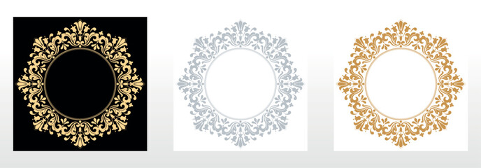 Set of decorative frames Elegant vector element for design in Eastern style, place for text. Floral black, gold and gray borders. Lace illustration for invitations and greeting cards