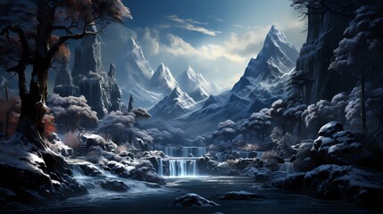 A frozen waterfall illuminated by the soft light of the moon, with the surrounding trees covered in a layer of fresh snow - obrazy, fototapety, plakaty