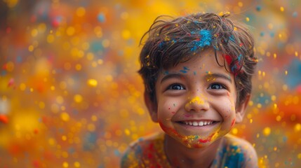 Young Boy Covered in Colored Powder Smiles at the Camera