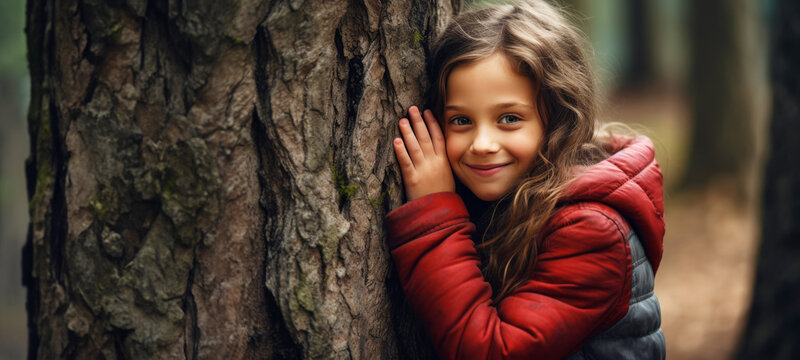 Net zero and carbon neutral concept. Child hugging a tree in the outdoor forest. global problem of carbon dioxide and global warming. Love of nature. greenhouse gas emissions target Climate neutral
