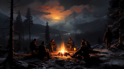 A group of friends gathered around a bonfire in a snowy clearing, with the warmth of the flames contrasting with the cold winter night