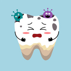 Dental cavity problem. Sad decayed teeth with bacteria vector cartoon.