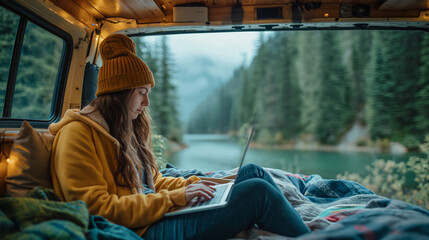 Remote Work from a Van Life Setup: An individual using a laptop inside a converted van parked by a scenic lake, representing the van life community and mobile living.