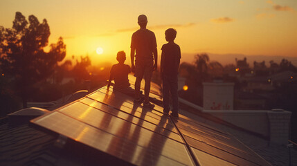 Residential Solar Panel Installation: A family watching as technicians install solar panels on their home's rooftop, excited about transitioning to green energy.