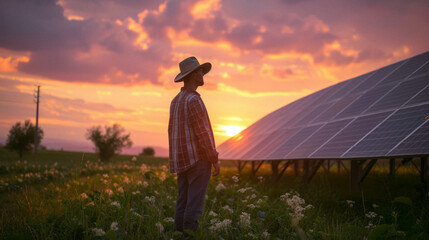 Solar Panel Array in Rural Areas: A farmer admiring a large solar panel array installed on unused farmland, providing power to rural communities.