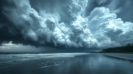 Storm moving off ocean - visible from beach - water spout - bad weather - cloudy - tornado - monochrome- black and white  - obrazy, fototapety, plakaty