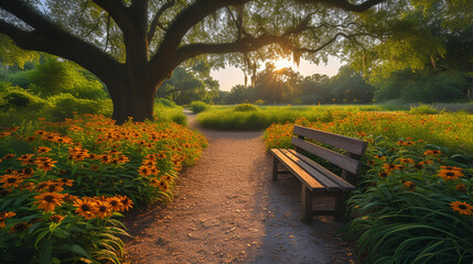 Naklejka premium Park bench under a tree - spring day - beautiful scenery 