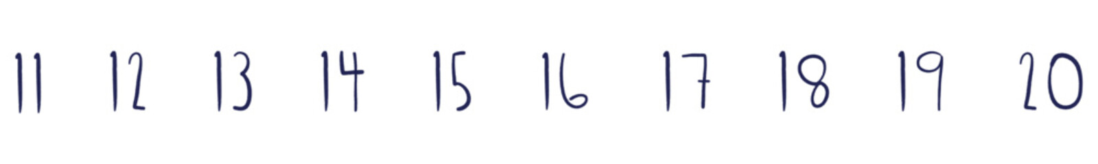 Handwritten Numbers 11-20 in Dark Blue Ink Brush