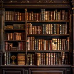Antique books on a dusty library shelf.