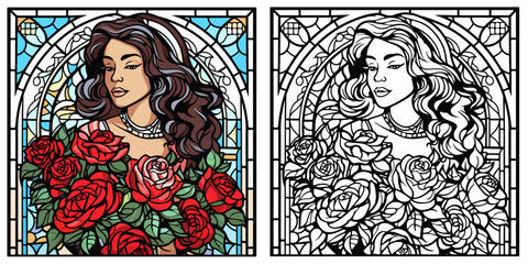 Beautiful Woman Holding Bouquet of Red Roses with Presents Coloring Page Stained Glass Vector Art
