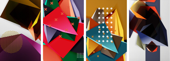 Trendy low poly 3d triangle shapes and other geometric elements background designs for wallpaper, business card, cover, poster, banner, brochure, header, website