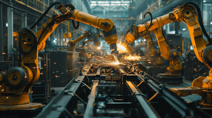 A giant futuristic robotic factory assembly line, with towering machines whirring and clanging, and sparks flying from welding robots - obrazy, fototapety, plakaty