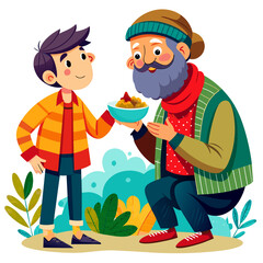 Heartwarming Gesture: Stock Image of a Small Boy Generously Offering Food to a Poor Man - A Touching Scene Capturing Compassion, Generosity, and the Beauty of Kindness in a Single Frame.