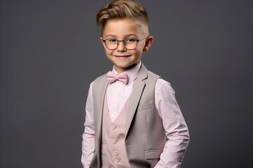 Portrait of a cute little boy in a suit and glasses.