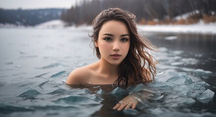 Young woman swimming in a cold frozen lake or river in winter