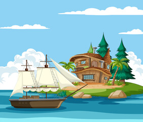 Vector illustration of ship near a tropical island home