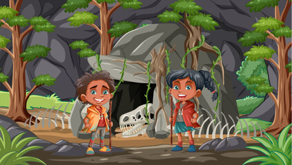 Two children stand before a cave with a skull.