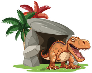 Cartoon dinosaur smiling near a rocky shelter © blueringmedia