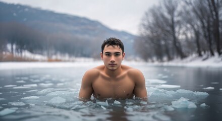 Young man swimming in a cold frozen lake or river in winter