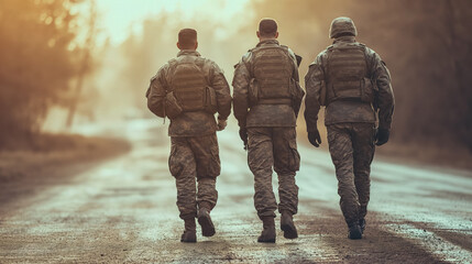 Soldiers walking down a misty road.