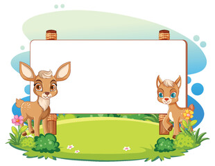 Two cute deer beside a blank signboard